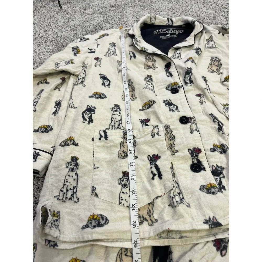 PJ Salvage Women Small Dog Print Flannel Pajama Set Cream Button Front‎ Long